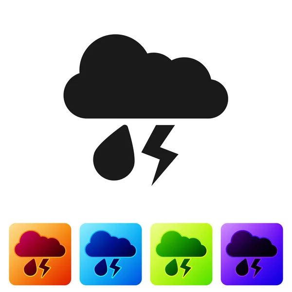 Schwarze Wolke mit Regen und Blitz-Symbol auf weißem Hintergrund. Regenwolken Niederschlag mit Regentropfen. Wettersymbol des Sturms. setzen Sie Symbole in farbigen quadratischen Buttons. Vektorillustration — Stockvektor