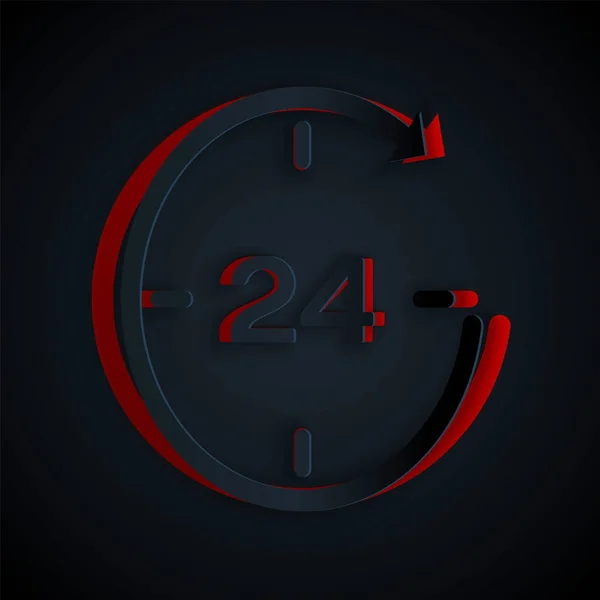 Paper cut Clock 24 hours icon isolated on black background. All day cyclic icon. 24 hours service symbol. Paper art style. Vector Illustration — Stock Vector