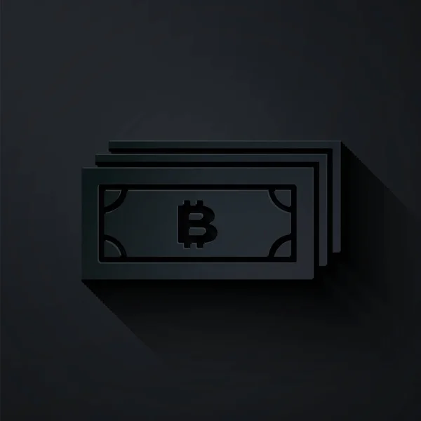 Papier découpé Crypto-monnaie Bitcoin en cercle avec icône de circuit de micropuce isolé sur fond noir. Technologie blockchain, marché monétaire numérique. Style art du papier. Illustration vectorielle — Image vectorielle
