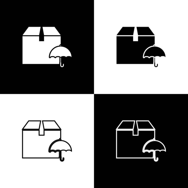 Conjunto Pacote de entrega com ícone de símbolo guarda-chuva isolado no fundo preto e branco. Caixa de papelão pacote com sinal de guarda-chuva. Logística e entrega. Ilustração vetorial —  Vetores de Stock