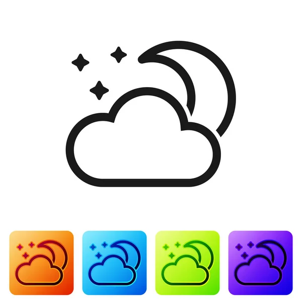 Black Cloud with moon and stars icon isolated on white background. Cloudy night sign. Sleep dreams symbol. Night or bed time sign. Set icons in color square buttons. Vector Illustration — Stock Vector