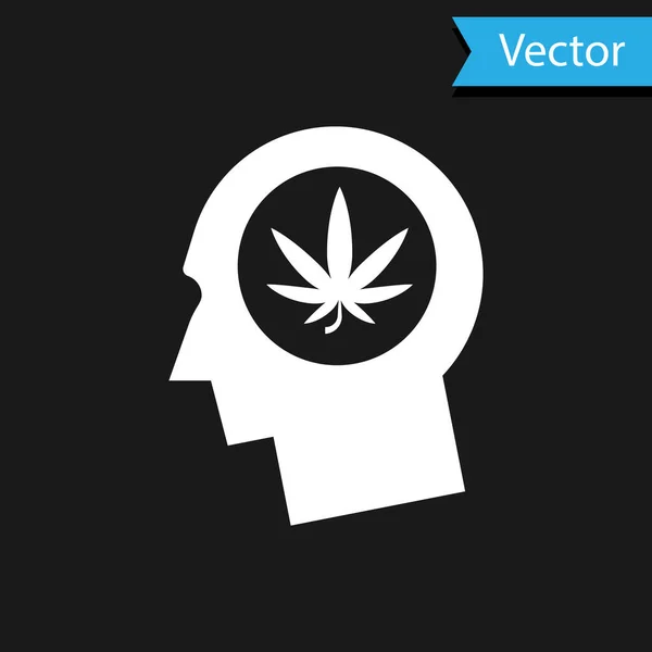 Silhouette blanche de la tête masculine de profil avec icône de la marijuana ou de la feuille de cannabis isolée sur fond noir. Légalisation de la marijuana. Symbole de chanvre. Illustration vectorielle — Image vectorielle