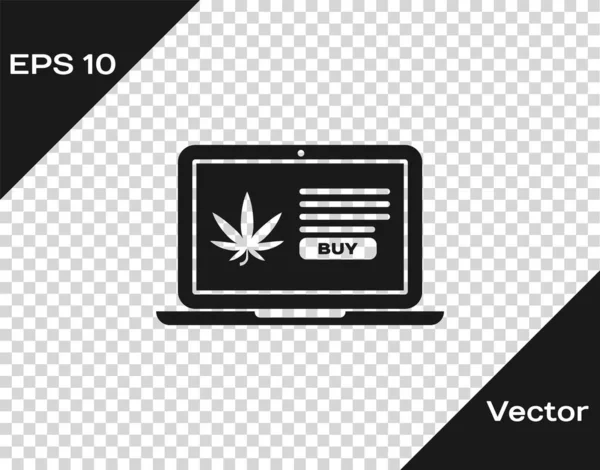 Laptop grigio e marijuana medica o icona di foglie di cannabis isolate su sfondo trasparente. Simbolo di acquisto online. Cesto del supermercato. Illustrazione vettoriale — Vettoriale Stock