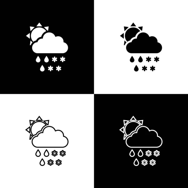 Set Cloud con icona neve e pioggia isolata su sfondo bianco e nero. Icona meteo. Illustrazione vettoriale — Vettoriale Stock