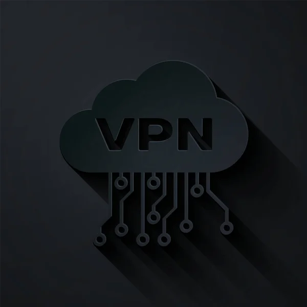 Иконка интерфейса облачного VPN, вырезанная бумагой, изолирована на черном фоне. Интеграция программного обеспечения Бумажный стиль. Векторная миграция — стоковый вектор