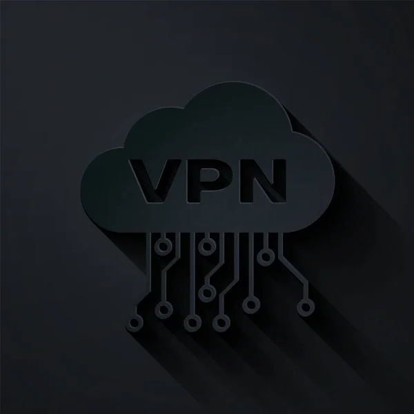 Řez papíru Cloud Vpn ikona rozhraní izolované na černém pozadí. Integrace softwaru. Papírový styl. Vektorová ilustrace — Stockový vektor