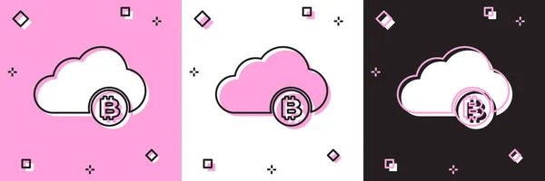 Nastavit ikonu těžby kryptoměn na růžovém a bílém černém pozadí. Blockchain technologie, bitcoin, digitální peněžní trh, kryptocoin peněženka. Vektorová ilustrace — Stockový vektor