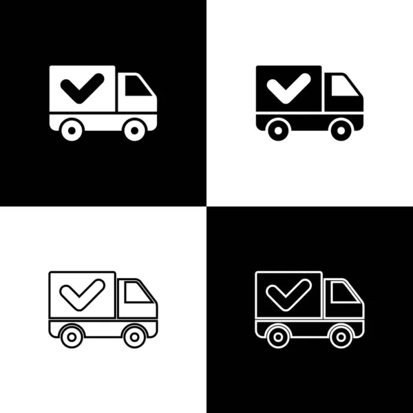 Set Delivery truck with check mark icon isolated on black and white background. Vector Illustration — Stock Vector