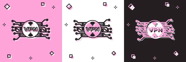 Définissez un VPN en cercle avec une icône de circuit de micropuces isolée sur fond rose et blanc noir. Illustration vectorielle — Image vectorielle
