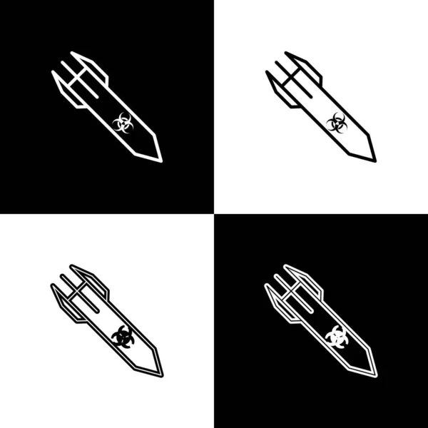Set Biohazard raket pictogram geïsoleerd op zwart-wit achtergrond. De raketbom vliegt naar beneden. Vector Illustratie — Stockvector