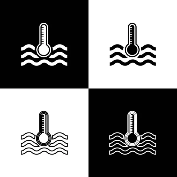 Set Termómetro de agua que mide el icono de calor y frío aislado sobre fondo blanco y negro. Equipo de termómetro que muestra clima caliente o frío. Ilustración vectorial — Archivo Imágenes Vectoriales