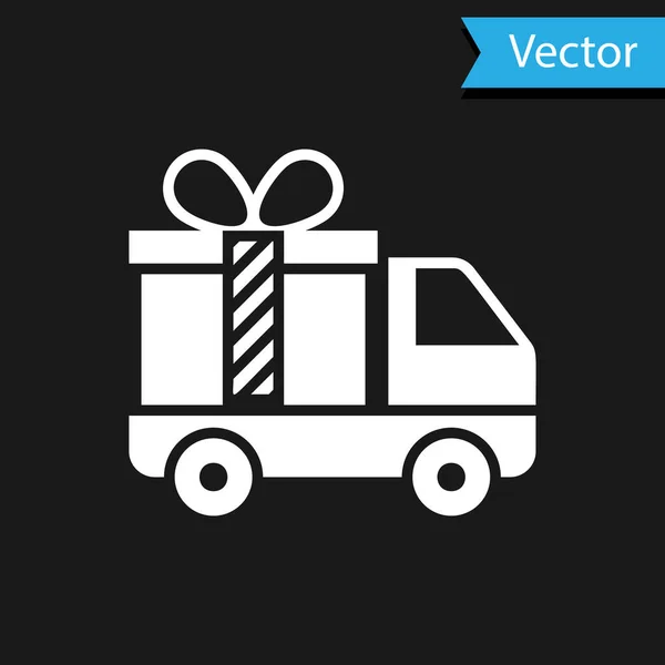 Camión de entrega blanca con icono de regalo aislado sobre fondo negro. Ilustración vectorial — Vector de stock