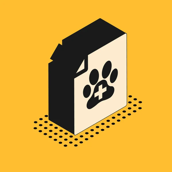 Certificato medico isometrico per viaggi con icona di cane o gatto isolata su sfondo giallo. Documento per animale domestico. Impronta zampa cane o gatto. Illustrazione vettoriale — Vettoriale Stock