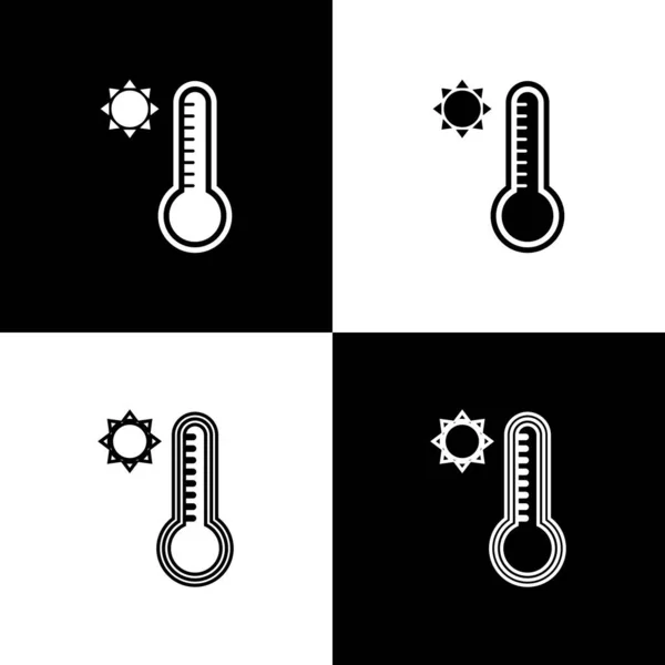 Набор метеорологических термометров измерения тепла и холода значок изолирован на черно-белом фоне. Термометр показывает жаркую или холодную погоду. Векторная миграция — стоковый вектор