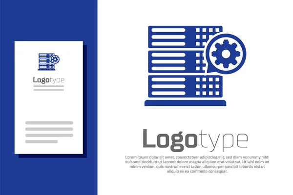 Servidor azul e ícone de engrenagem isolado no fundo branco. Ajustar aplicativo, conceito de serviço, opções de configuração, manutenção, reparo, fixação. Elemento de modelo de design de logotipo. Ilustração vetorial —  Vetores de Stock