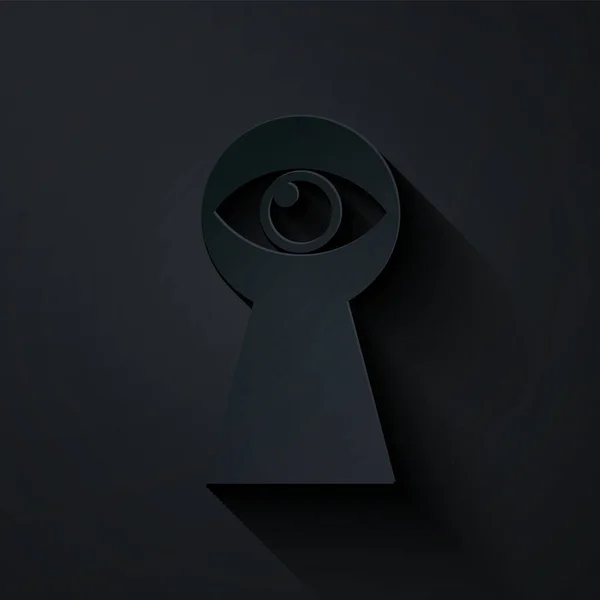 Papírový střih Klíčová dírka s ikonou oka izolované na černém pozadí. Oko se podívá do klíčové dírky. Klíčová dírka. Papírový styl. Vektorová ilustrace — Stockový vektor