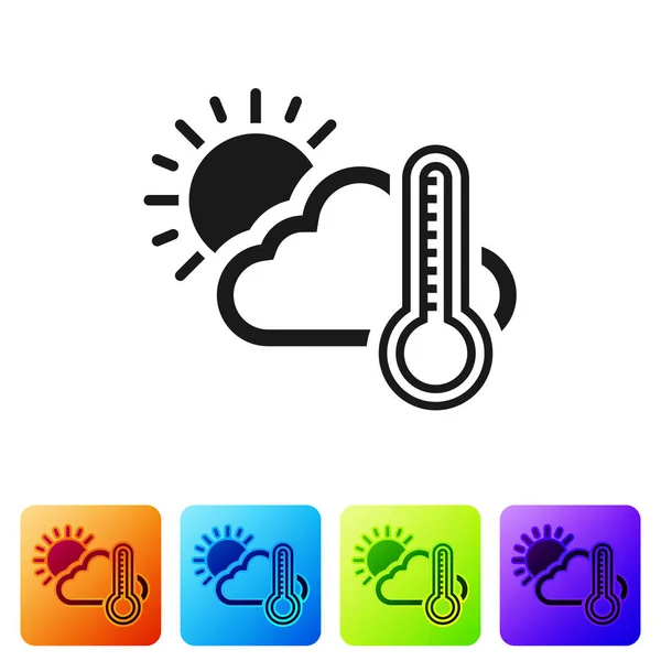 Black Thermometer and cloud with sun icon isolated on white background. Set icons in color square buttons. Vector Illustration — Stock Vector