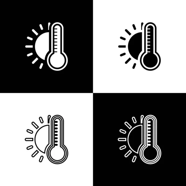 Set Termometro con icona solare isolato su sfondo bianco e nero. Illustrazione vettoriale — Vettoriale Stock