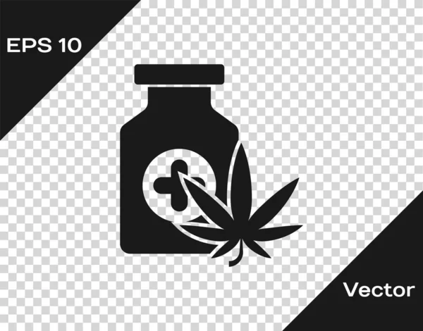 Graue medizinische Flasche mit Marihuana oder Cannabisblatt-Symbol isoliert auf transparentem Hintergrund. Attrappe von Cannabisöl-Extrakten in Gläsern. Vektorillustration — Stockvektor