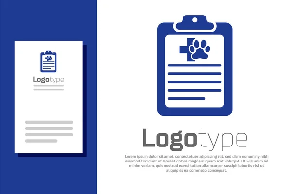 Blå Urklipp med medicinsk klinisk post pet ikon isolerad på vit bakgrund. Sjukförsäkringsformulär. Läkarkontroll rapport. Mall för logotyp. Vektor Illustration — Stock vektor