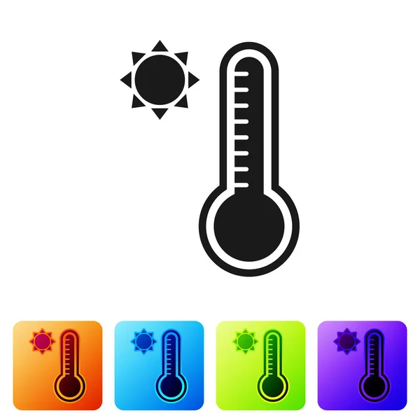 Termômetro de meteorologia preta medindo calor e ícone frio isolado no fundo branco. Equipamento termômetro mostrando clima quente ou frio. Definir ícones em botões quadrados de cor. Ilustração vetorial —  Vetores de Stock