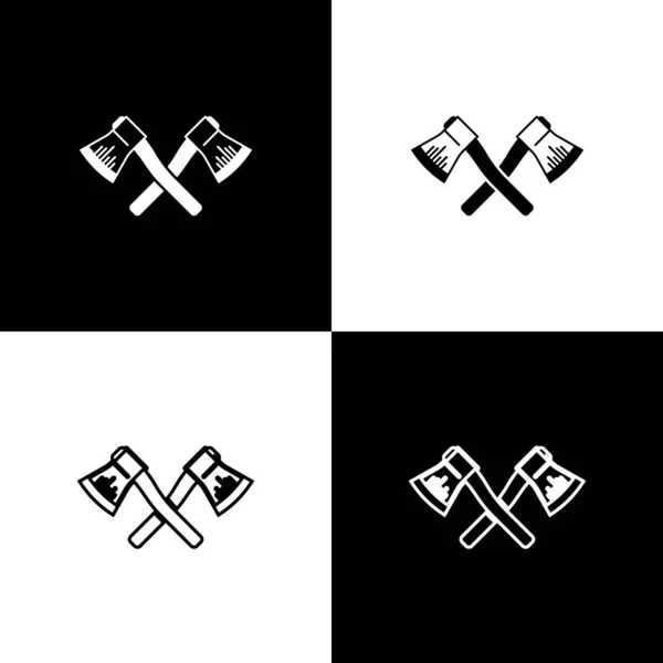 Conjunto Cruzado ícone machado de madeira isolado no fundo preto e branco. Machado de lenhador. Ilustração vetorial —  Vetores de Stock