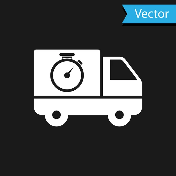 Camión de entrega Logística Blanca e icono de cronómetro aislados sobre fondo negro. Icono de tiempo de entrega. Ilustración vectorial — Vector de stock