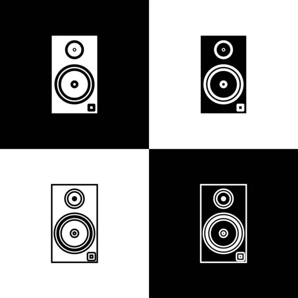 Définir l'icône du haut-parleur stéréo isolé sur fond noir et blanc. Haut-parleurs audio. Icône musicale. Colonne musicale haut-parleur équipement basse. Illustration vectorielle — Image vectorielle