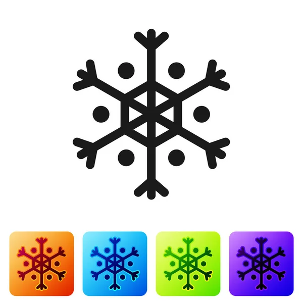 Svart snöflinga ikon isolerad på vit bakgrund. Ställ ikoner i färg fyrkantiga knappar. Vektor Illustration — Stock vektor