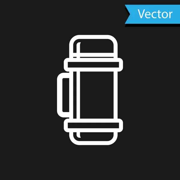 Ícone de recipiente Thermos branco isolado no fundo preto. Ícone de garrafa térmica. Equipamento de campismo e caminhadas. Ilustração vetorial — Vetor de Stock