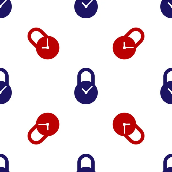 Cadenas bleu et rouge avec icône de l'horloge motif isolé sans couture sur fond blanc. Concept de contrôle du temps. Verrouillage et compte à rebours, délai, calendrier, symbole de planification. Illustration vectorielle — Image vectorielle