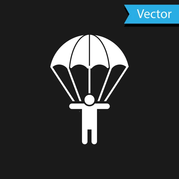 Paraquedas brancos e ícone pessoa silhueta isolado no fundo preto. Ilustração vetorial — Vetor de Stock