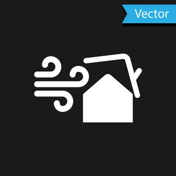 Tornado branco redemoinho danifica ícone telhado casa isolada no fundo preto. Ciclone, turbilhão, funil de tempestade, ícone de vento de furacão. Ilustração vetorial — Vetor de Stock