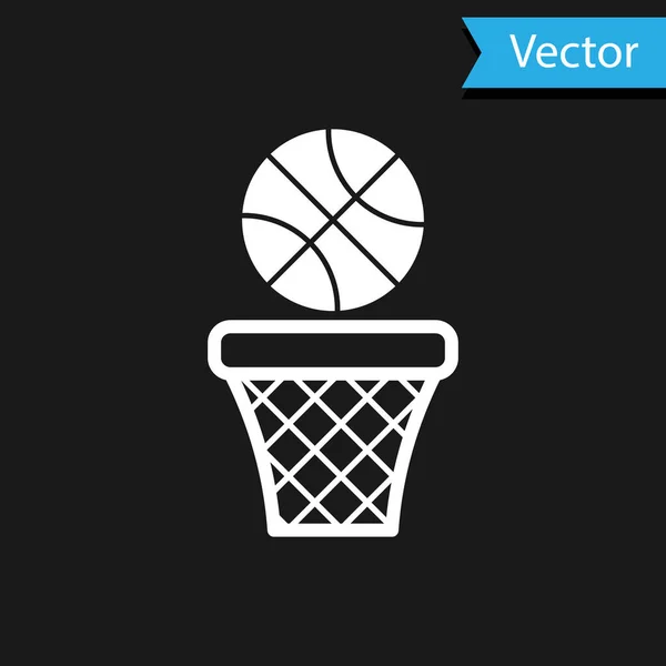 Белый мяч и значок корзины на черном фоне. Мяч в баскетбольном кольце. Векторная миграция — стоковый вектор