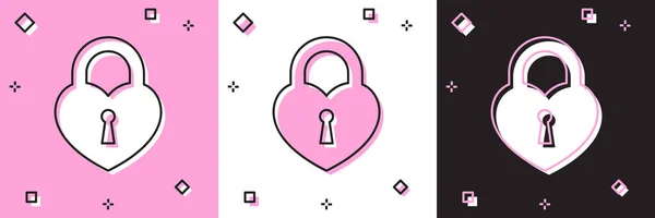 Set Château en forme d'icône de coeur isolé sur fond rose et blanc, noir. Coeur verrouillé. Symbole d'amour et signe de serrure. Illustration vectorielle — Image vectorielle