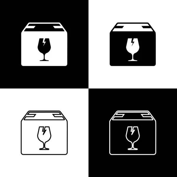 Set boîte de paquet de livraison avec le symbole de contenu fragile de l'icône en verre cassé isolé sur fond noir et blanc. Boîte, paquet, panneau de colis. Illustration vectorielle — Image vectorielle