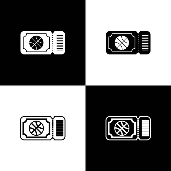 Imposta l'icona del biglietto del gioco di basket isolato su sfondo bianco e nero. Illustrazione vettoriale — Vettoriale Stock