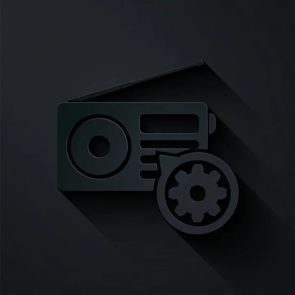 Papírový střih Rádio s anténou a ozubenou ikonou izolovanou na černém pozadí. Nastavení aplikace, servisní koncept, možnosti nastavení, údržba, opravy, opravy. Papírový styl. Vektorová ilustrace — Stockový vektor