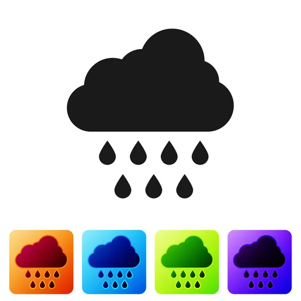 Schwarze Wolke mit Regensymbol auf weißem Hintergrund. Regenwolken Niederschlag mit Regentropfen. setzen Sie Symbole in farbigen quadratischen Buttons. Vektorillustration — Stockvektor