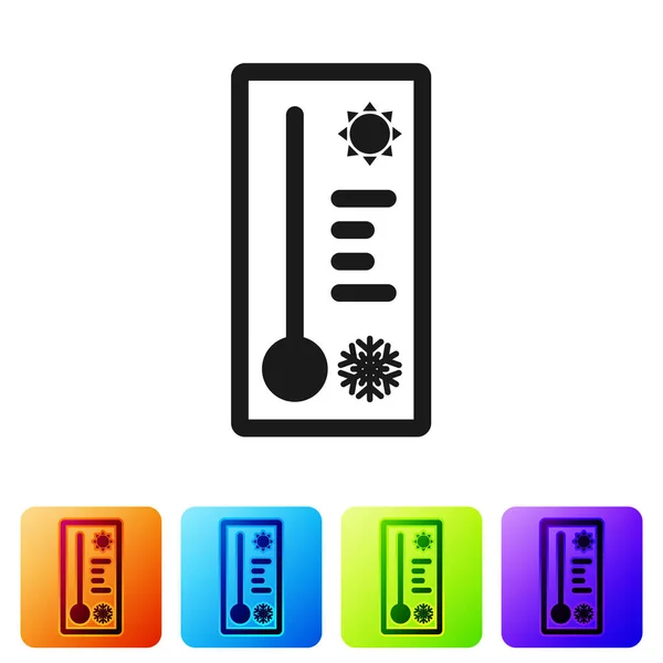 Термометр чорної метеорології вимірює тепло і холодний ікон, ізольований на білому тлі. Обладнання термометра показує жарку або холодну погоду. Встанови іконки в кольорових квадратних кнопках. Векторний приклад — стоковий вектор