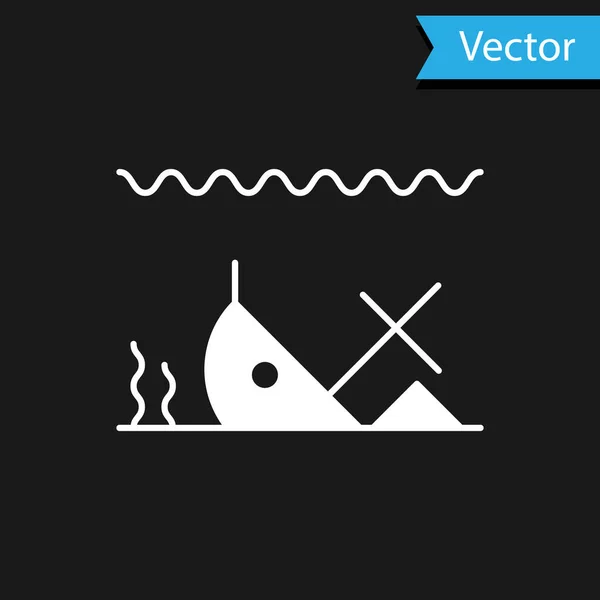 Navio afundado branco na parte inferior do ícone do mar isolado no fundo preto. Ilustração vetorial — Vetor de Stock