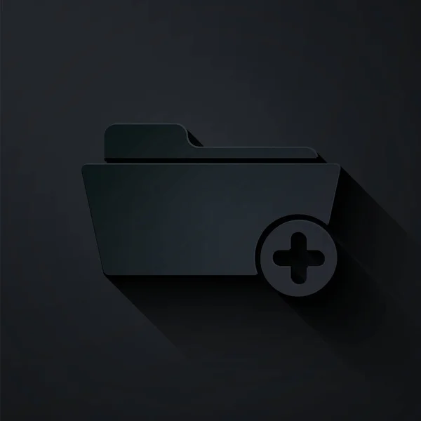 Papel recortado Carpeta de historial médico para icono de atención médica aislado sobre fondo negro. Icono del archivo del paciente. Símbolo de historia médica. Estilo de arte de papel. Ilustración vectorial — Vector de stock