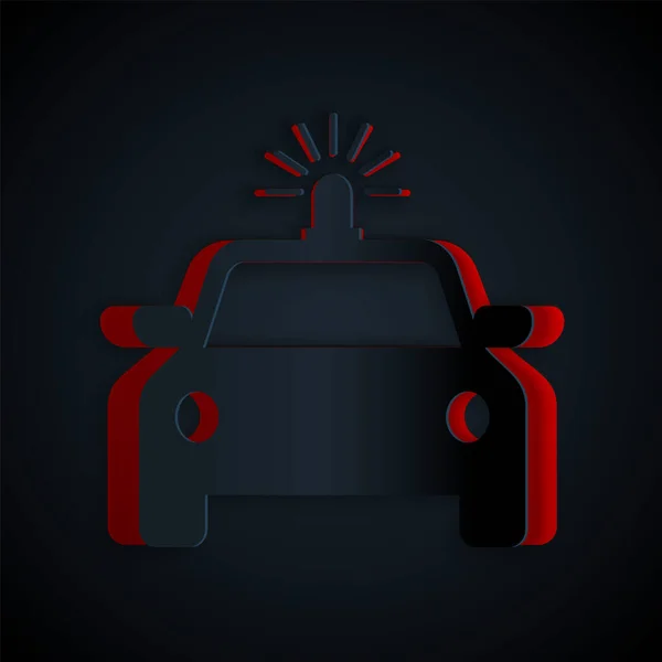 Corte de papel El coche de policía y el icono de parpadeo de la policía aislados sobre fondo negro. Sirena intermitente de emergencia. Estilo de arte de papel. Ilustración vectorial — Vector de stock