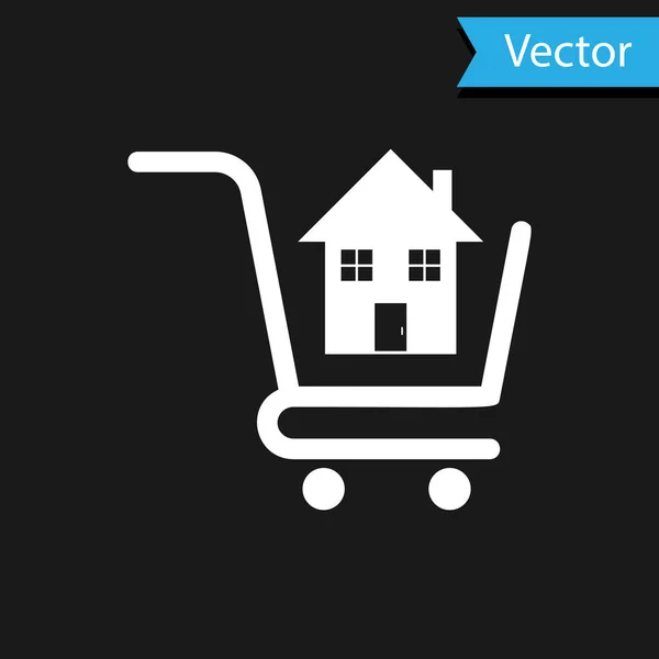 Carrinho de compras branco com ícone da casa isolado no fundo preto. Comprar conceito de casa. Conceito de empréstimo em casa, renda, compra de um imóvel. Ilustração vetorial — Vetor de Stock