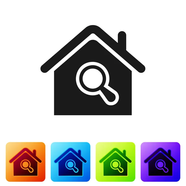 Black Search Haus Symbol isoliert auf weißem Hintergrund. Immobilien-Symbol eines Hauses unter der Lupe. Setzen Sie Symbole in farbigen quadratischen Tasten. Vektorillustration — Stockvektor