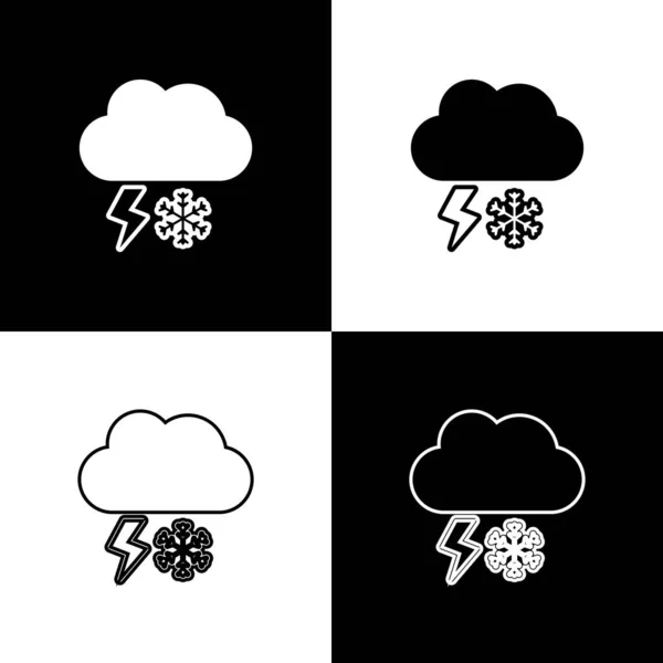 На черно-белом фоне изображен значок снега и молнии. Облако со снежинками. Единая икона погоды. Снежный знак. Векторная миграция — стоковый вектор