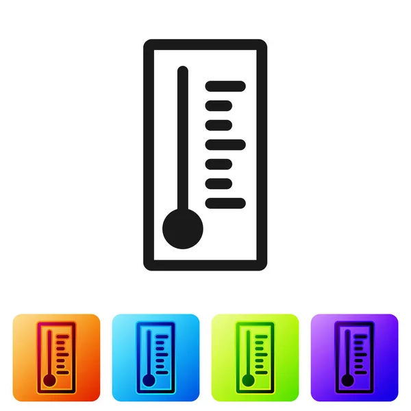 검은 기상 온도계는 열 과차가운 아이콘을 흰색 배경에 분리 했습니다. 온도계는 덥거나 추운 날씨를 보여 줍니다. 색 네모 단추에 아이콘을 넣는다. 벡터 일러스트 — 스톡 벡터