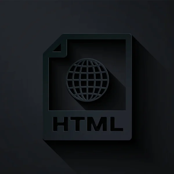 HTML 파일 문서를 잘라 낸 종이. HTML 버튼 아이콘을 검은 배경에 분리하여 다운로드합니다. HTML 파일 심볼. 언어를 표시하는 것입니다. 종이 예술 스타일. 벡터 일러스트 — 스톡 벡터