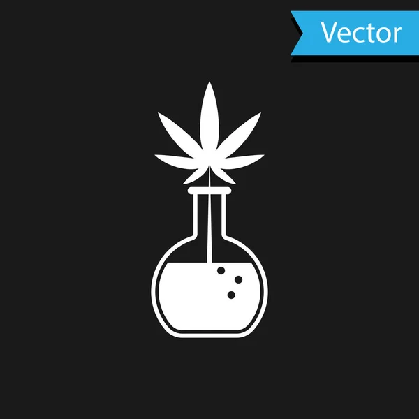 Esrar ya da kenevir yaprağı ikonlu beyaz kimyasal test tüpü siyah arka planda izole edilmiş. Araştırma konsepti. Laboratuvar Cbd yağı konsepti. Vektör İllüstrasyonu