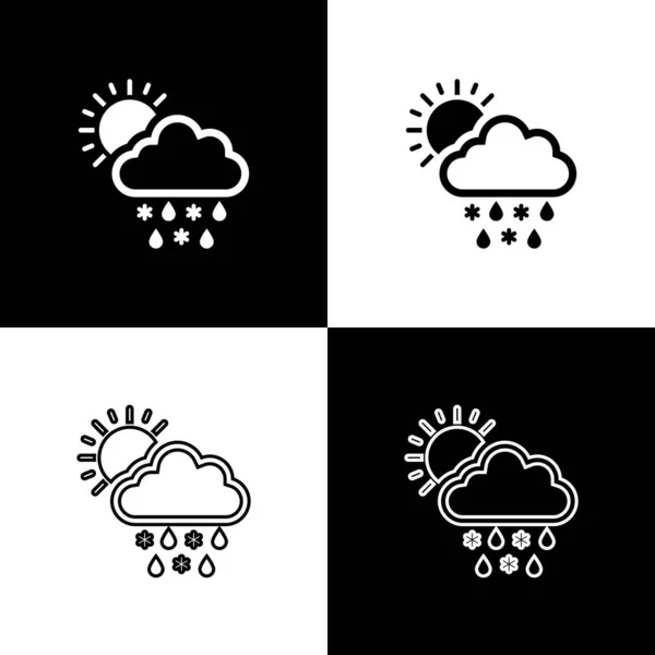 Bulut 'u kar, yağmur ve güneş ikonu ile siyah beyaz arka planda izole et. Hava durumu simgesi. Vektör İllüstrasyonu — Stok Vektör